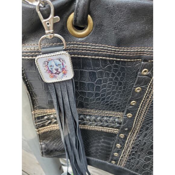 Handmade pitbull boho Leather Fringe Western bag charm, Long fringe keychain - Picture 2 of 4